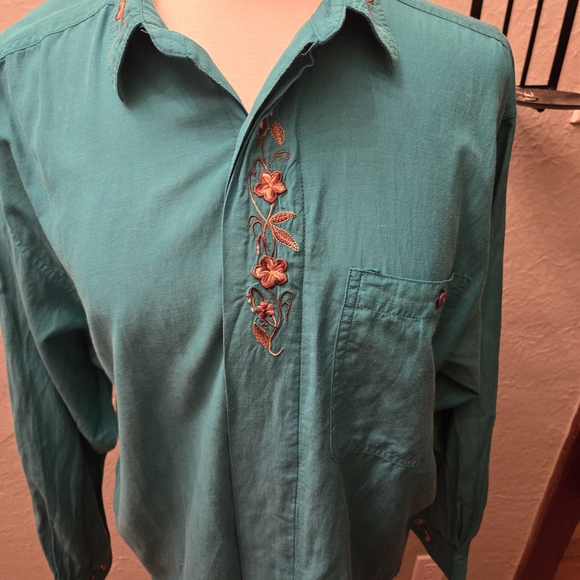 Vintage Gap Silk Blend Embroidered Button Up Shirt Teal - Picture 2 of 11